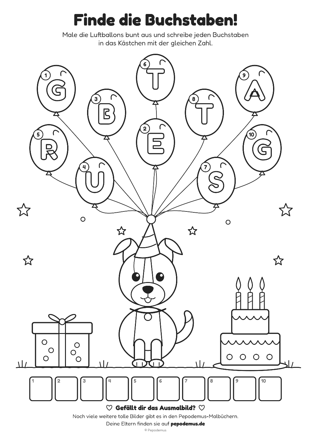 Ausmalbild: Pepodemus mit Partyhut, zehn Luftballons mit Buchstaben, Geschenk und Geburtstagskuchen
